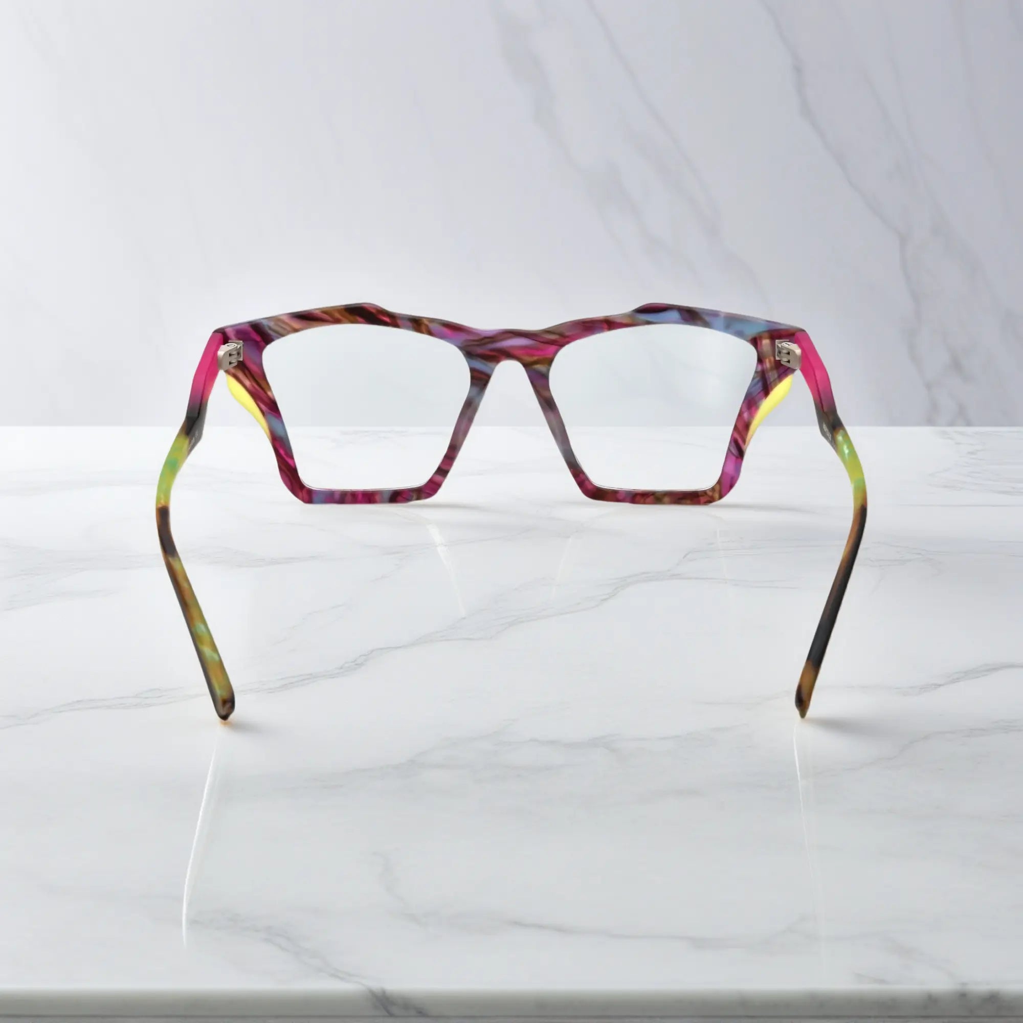 Rear view of VoyueLens™ Amethyst Bloom frame, displaying deep matte violet with lavender gradients from the inner frame and hinge area.